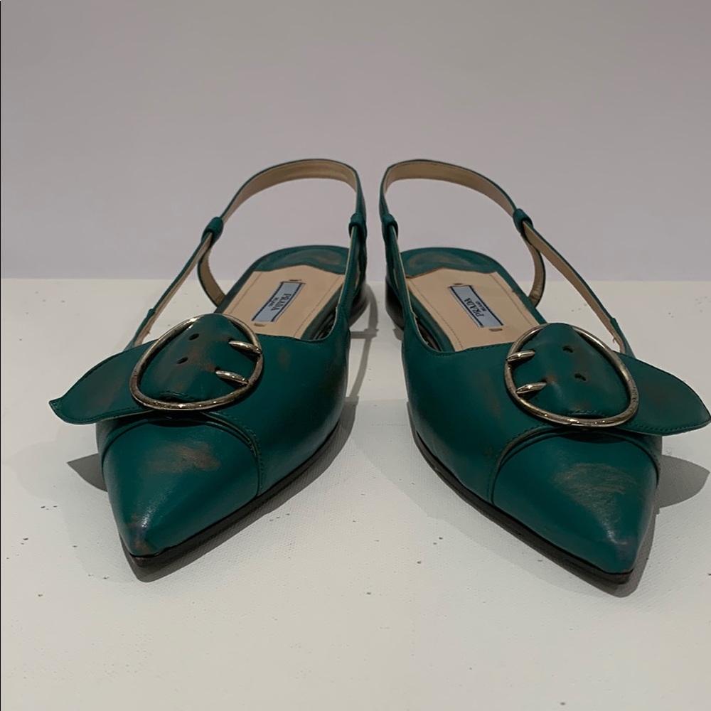 Authentic Prada New Chic Distressed Green Slingback Flats